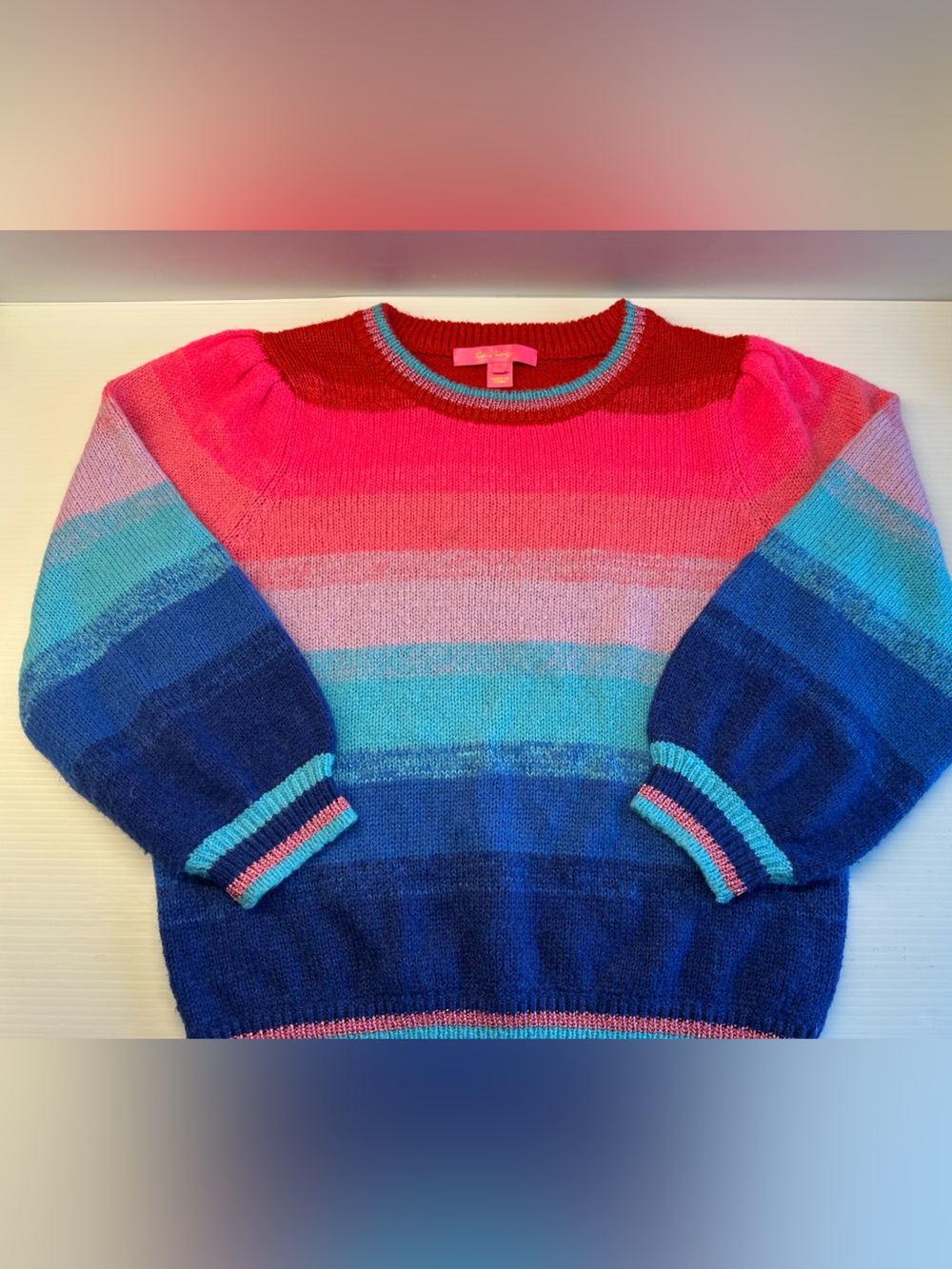 Lilly Pulitzer Ombre Sunset Stripe Sweater Pink Red Blue Metallic Trim M